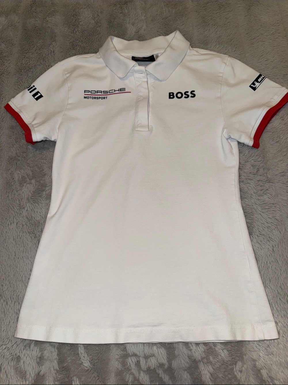 Porsche Motorsport White Polo with Black and Red Motorsport Accents Women’s XXS